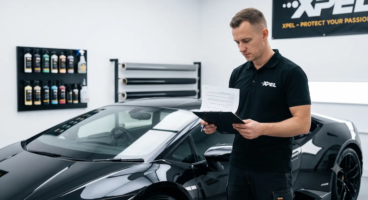 Teknisi XPEL memeriksa lembar inspeksi di samping mobil yang telah dipasangi paint protection film